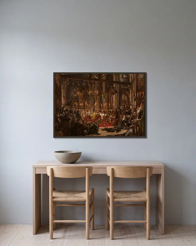Die Niederlage bei Liegnitz, aus der Serie „Die Kulturgeschichte Polens“ von Jan Matejko gerahmt an einer Wand