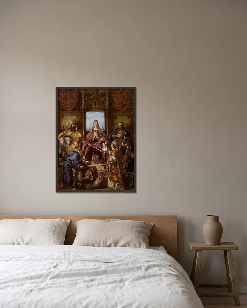 Akademiens grundande, 1361–1399–1400 e.Kr., ur serien ”Polens kulturhistoria” av Jan Matejko inramad på en vägg