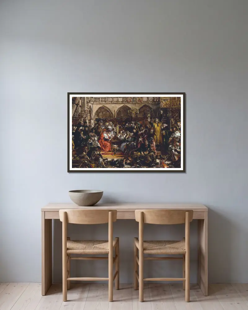 Universitetets inflytande på landet, ur serien ”Polens kulturhistoria” av Jan Matejko inramad på en vägg