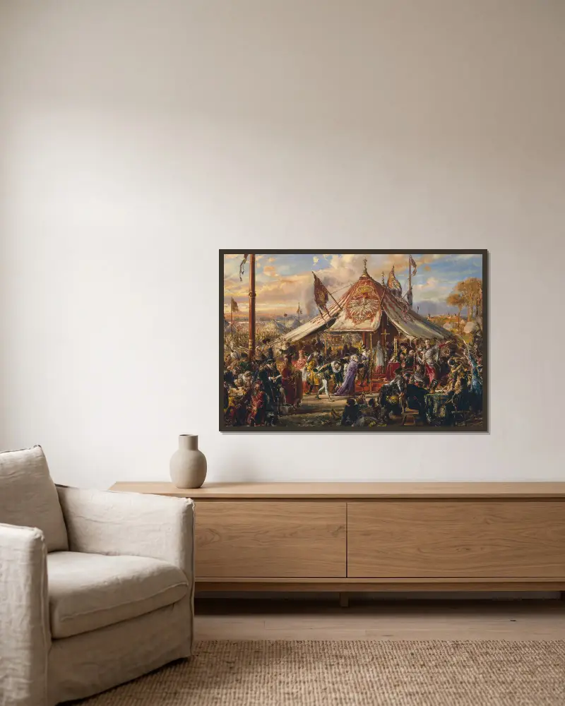 Die Macht des Commonwealth auf ihrem Höhepunkt von Jan Matejko gerahmt an einer Wand