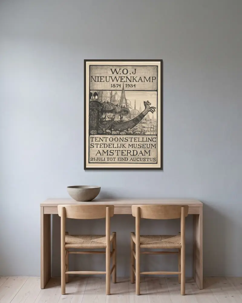 Affiche voor de tentoonstelling van W.O.J. Nieuwenkamp in het Stedelijk Museum te Amsterdam, 1934 av Wijnand Otto Jan Nieuwenkamp inramad på en vägg