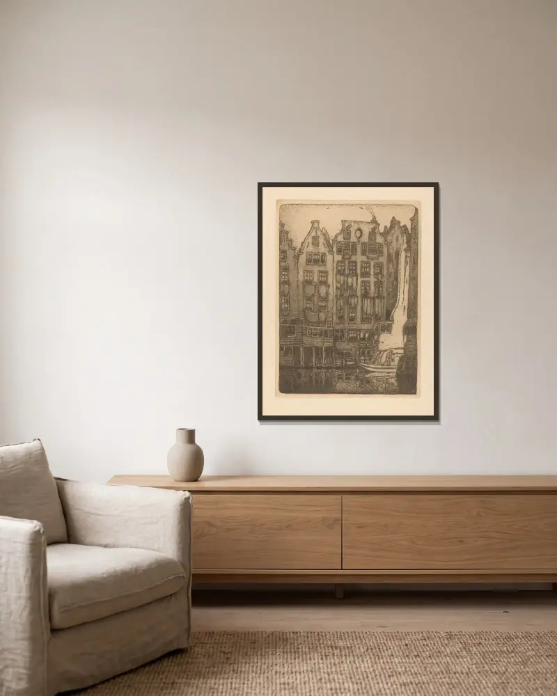Grachtenhuizen aan de Sint-Olofssteeg in Amsterdam av Wijnand Otto Jan Nieuwenkamp inramad på en vägg
