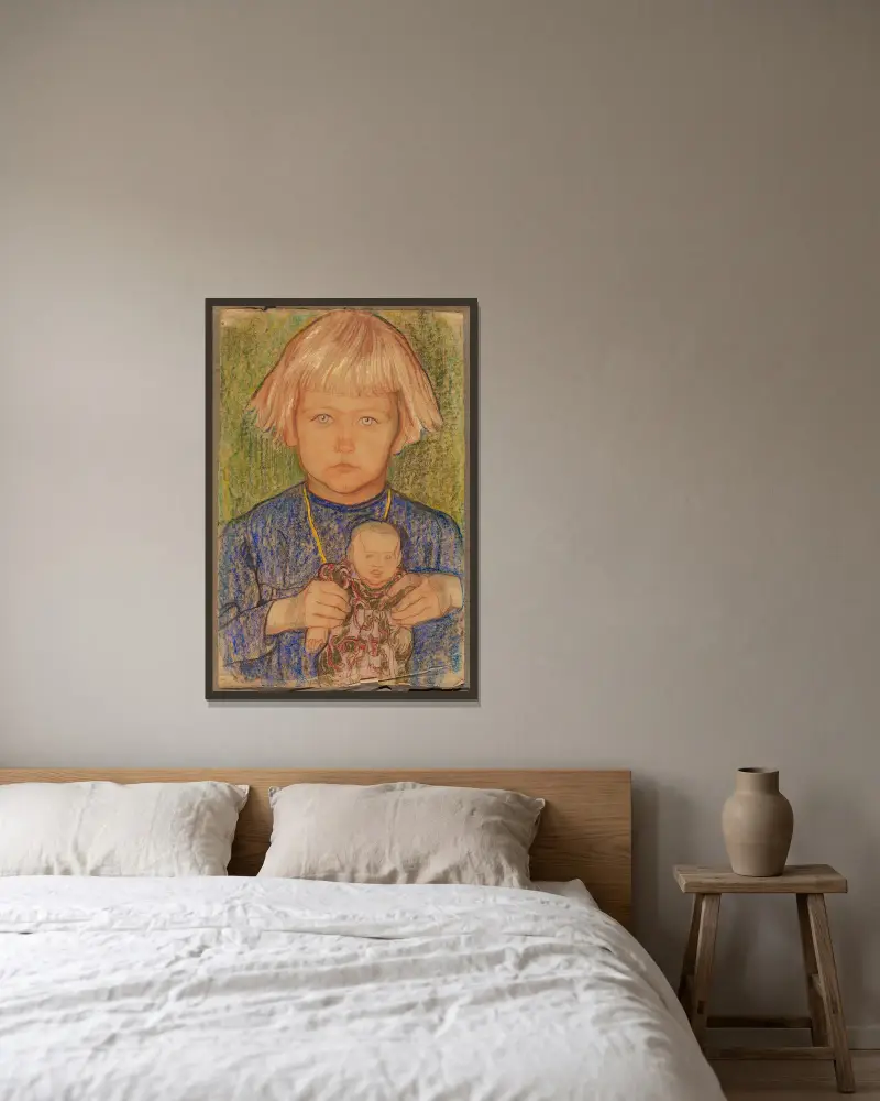 Liten flicka med docka av Jan Rembowski inramad på en vägg