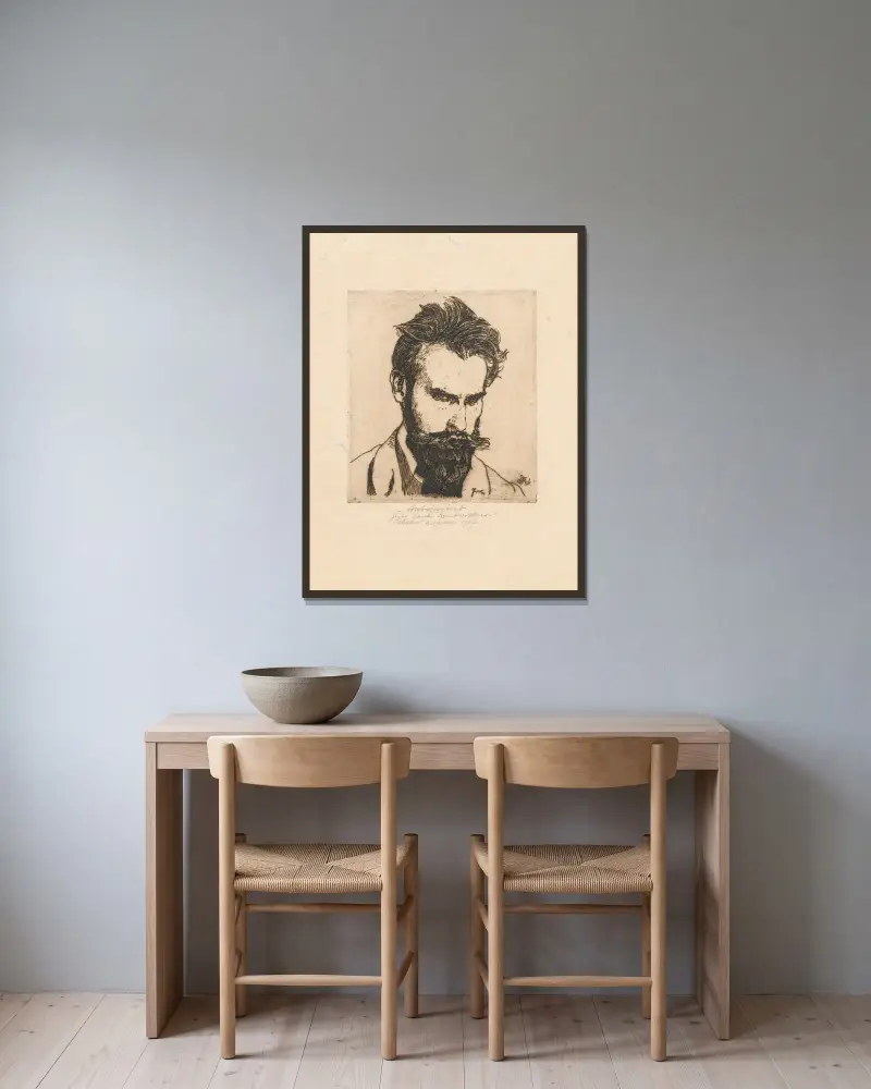 Selbstporträt von Jan Rembowski gerahmt an einer Wand