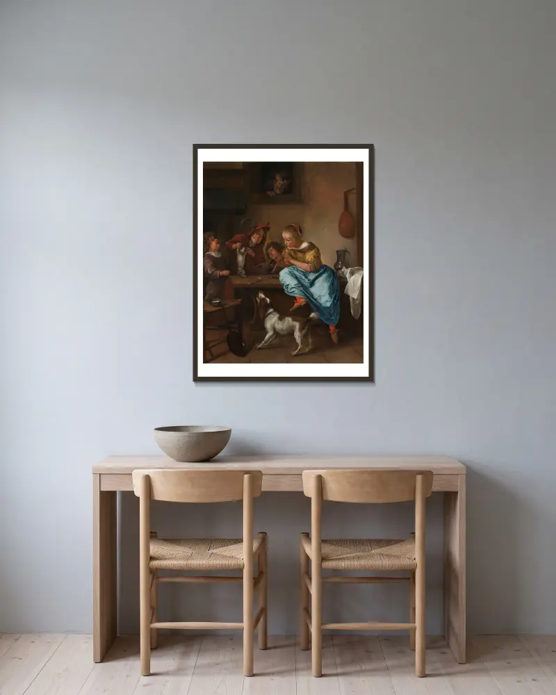 Barn lär en katt att dansa, känd som 'Danslektionen' av Jan Steen inramad på en vägg