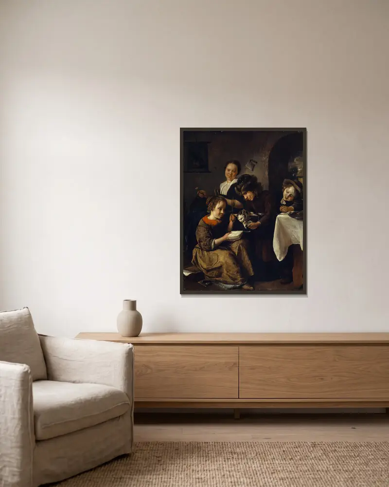 Children Teaching a Cat to Read av Jan Steen inramad på en vägg