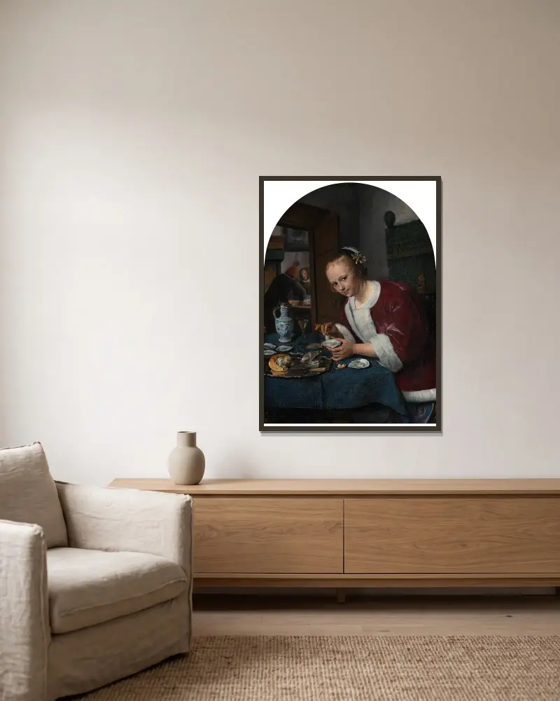 Flicka som äter ostron av Jan Steen inramad på en vägg