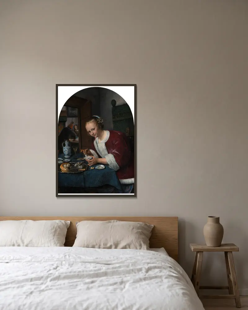 Flicka som äter ostron av Jan Steen inramad på en vägg
