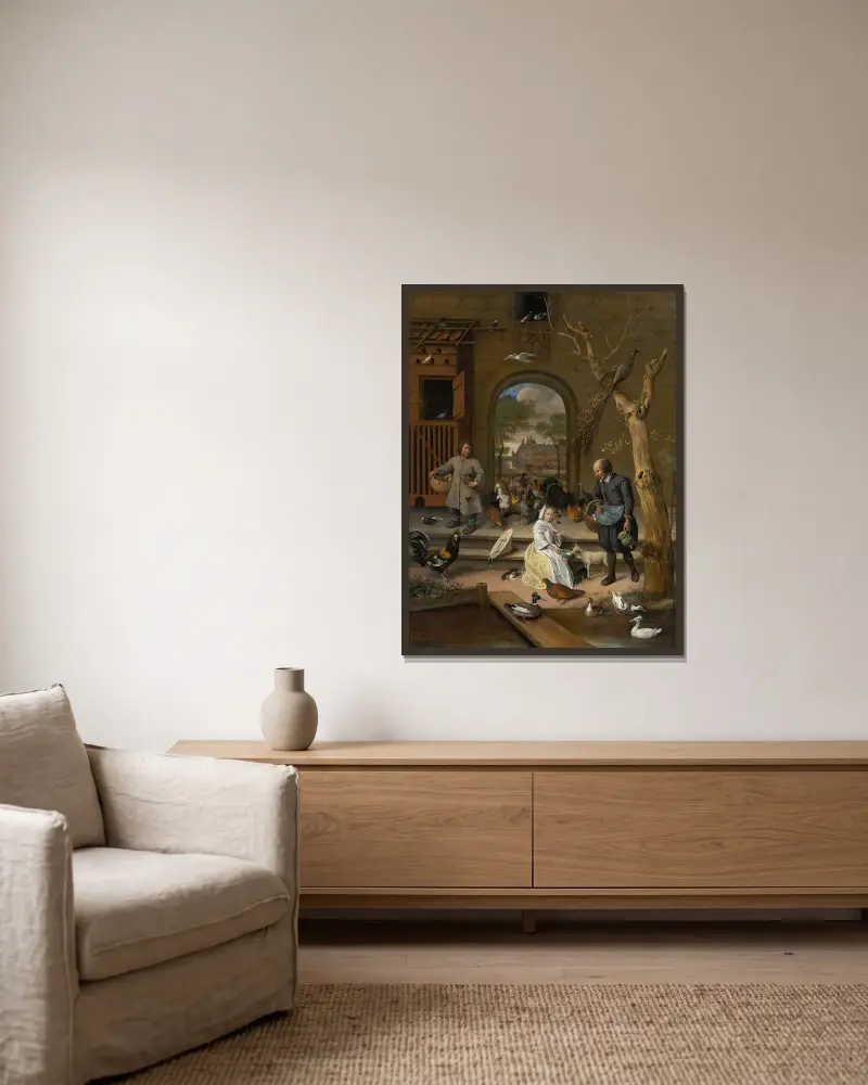 Porträtt av Jacoba Maria van Wassenaer (1654–1683), känt som ”Fjäderfågården” av Jan Steen inramad på en vägg