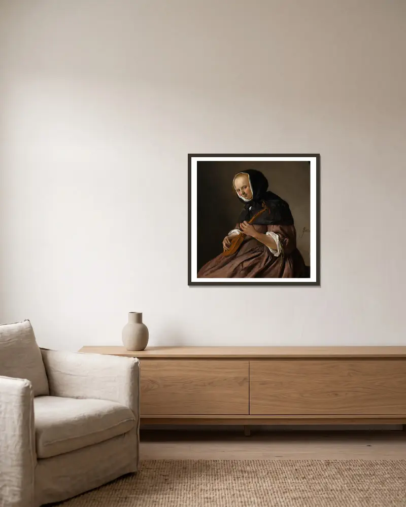 Woman Playing the Cittern av Jan Steen inramad på en vägg