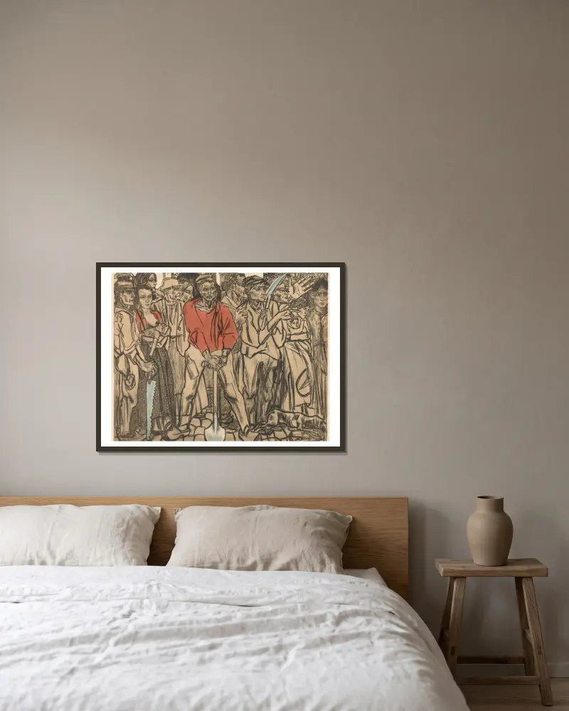 En grupp arbetare av Jan Toorop inramad på en vägg