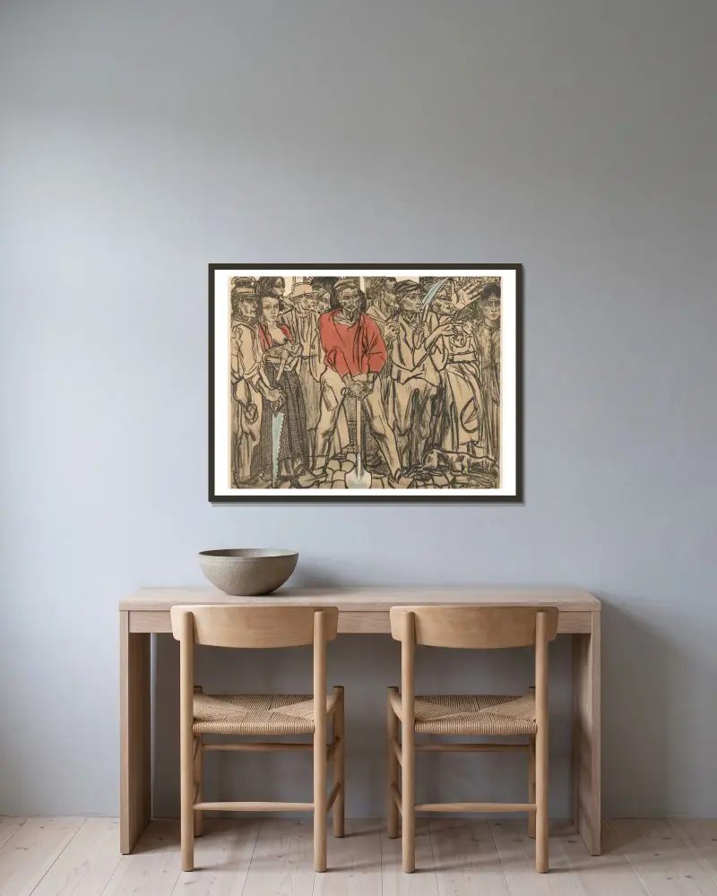 En grupp arbetare av Jan Toorop inramad på en vägg