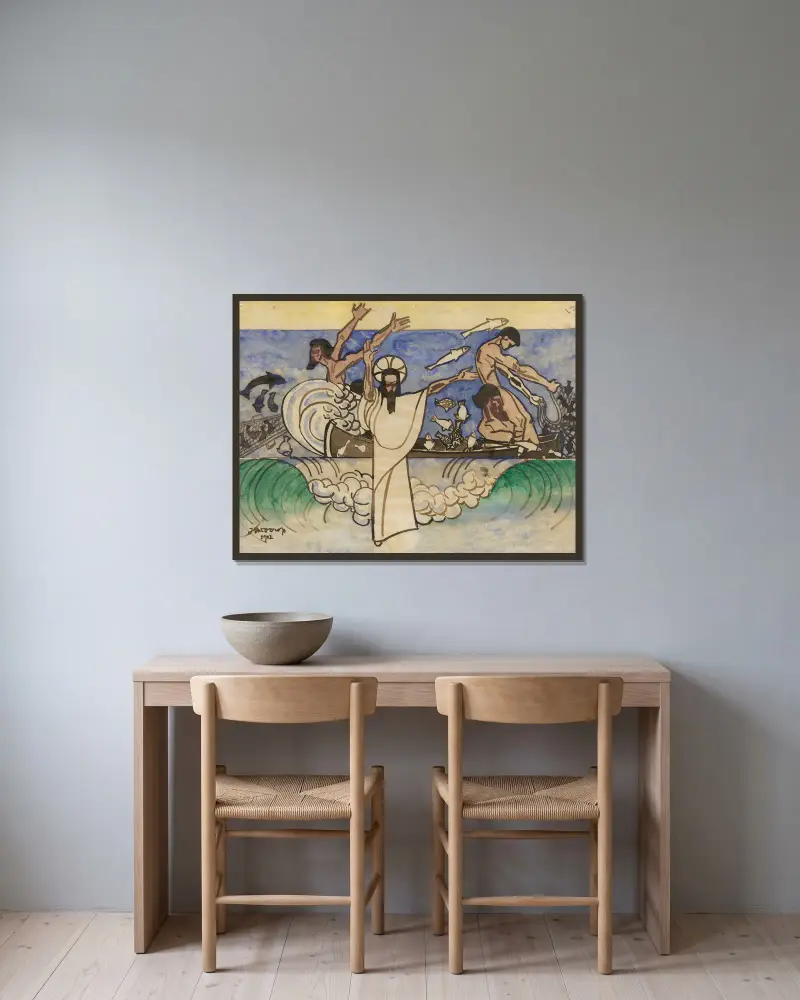 De wonderbare vischvangst av Jan Toorop inramad på en vägg