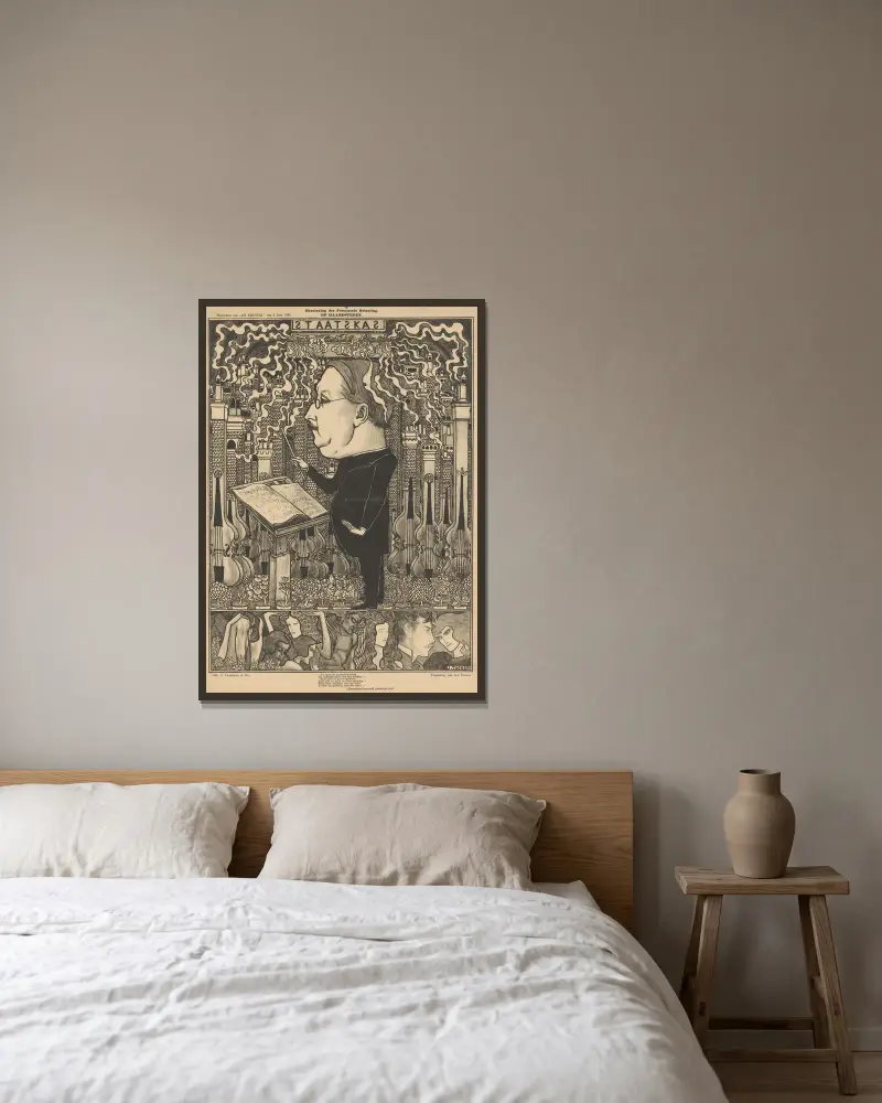‘Herziening der Personeele Belasting’ av Jan Toorop inramad på en vägg