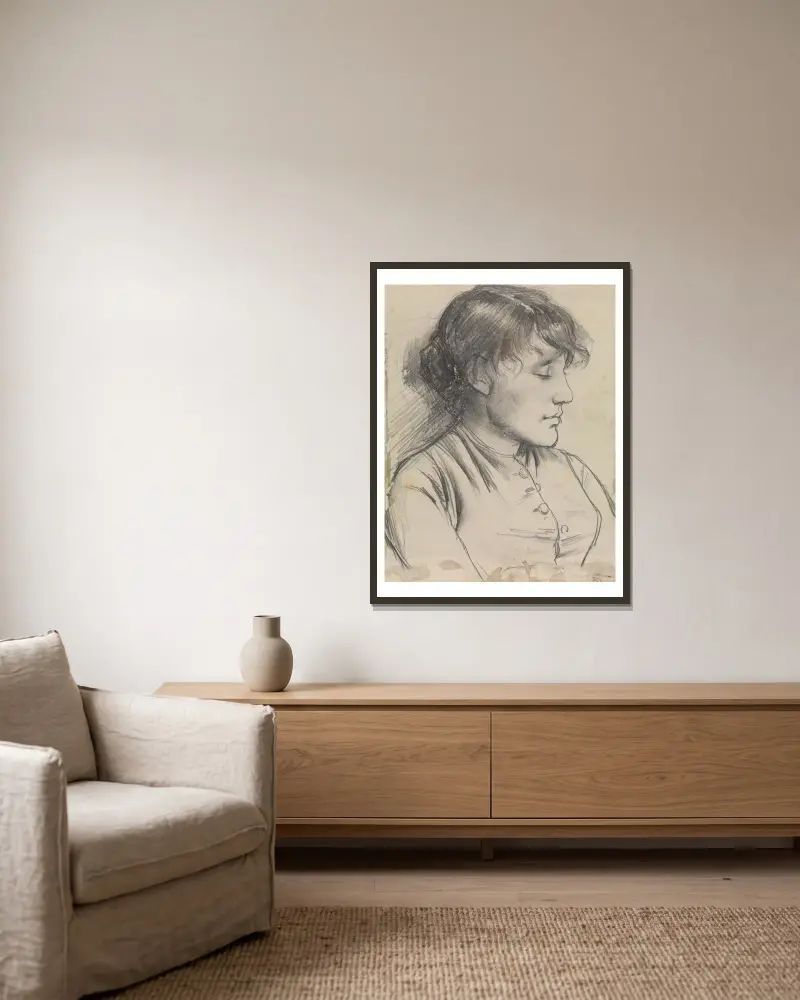 Porträtt av en kvinna med slutna ögon av Jan Toorop inramad på en vägg