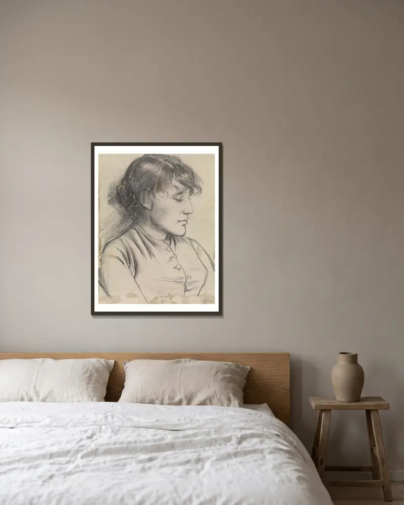 Porträtt av en kvinna med slutna ögon av Jan Toorop inramad på en vägg