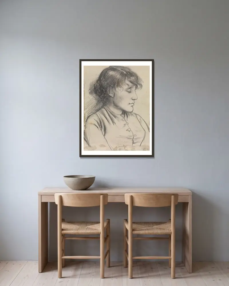 Porträtt av en kvinna med slutna ögon av Jan Toorop inramad på en vägg