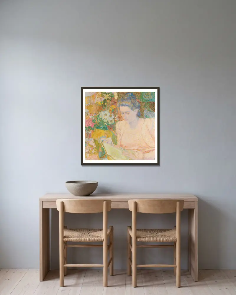 Porträtt av fru Marie Jeannette de Lange av Jan Toorop inramad på en vägg