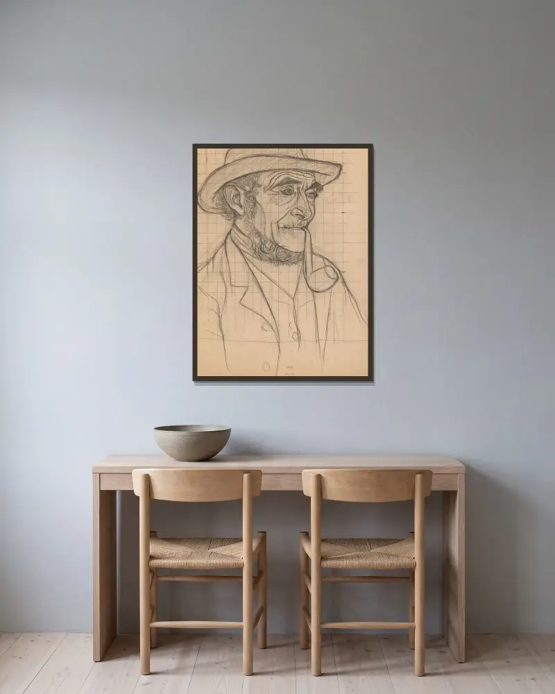 Bonde med pipa, mot höger av Jan Veth inramad på en vägg
