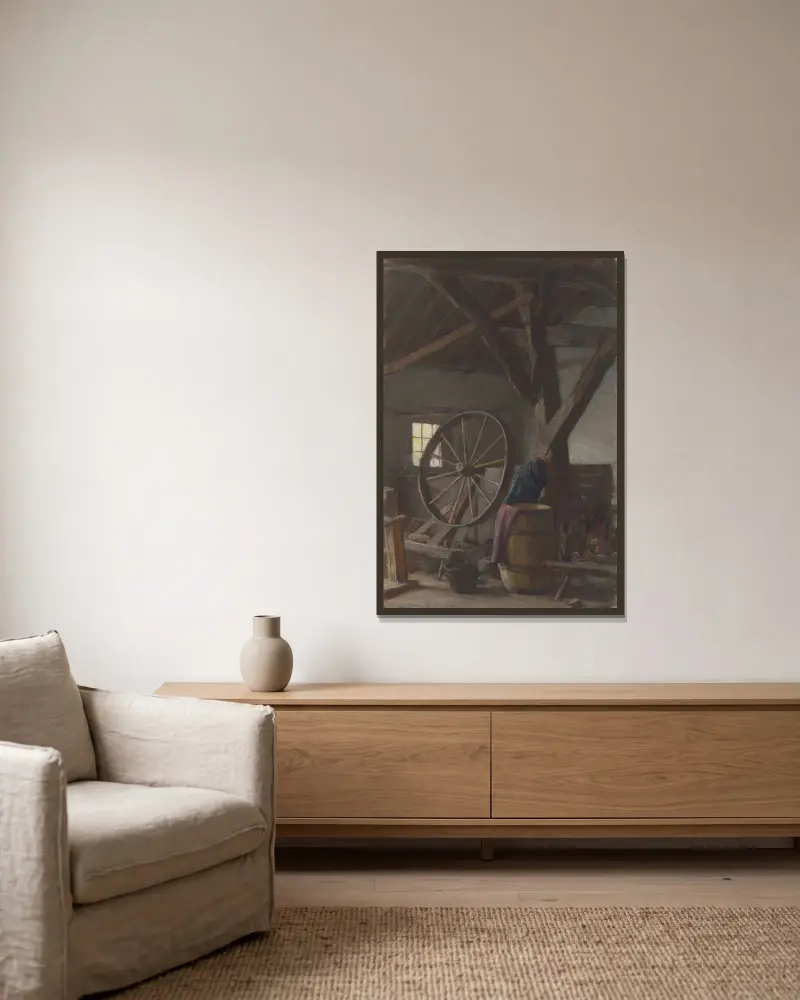 Interieur van boerenschuur av Jan Veth inramad på en vägg
