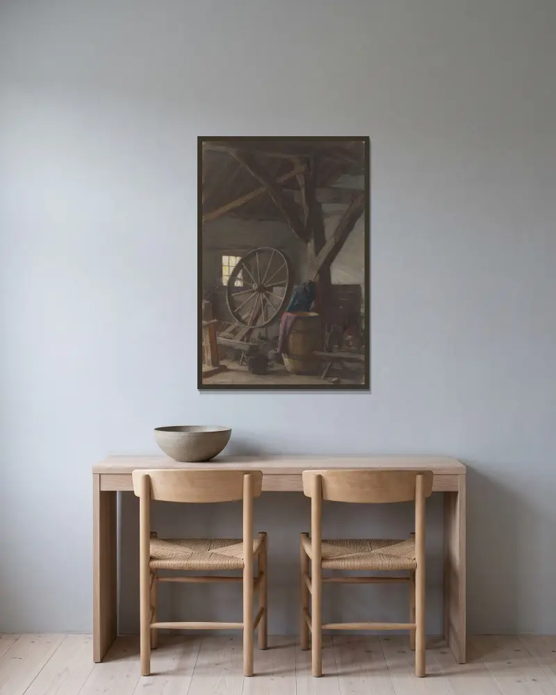 Interieur van boerenschuur av Jan Veth inramad på en vägg