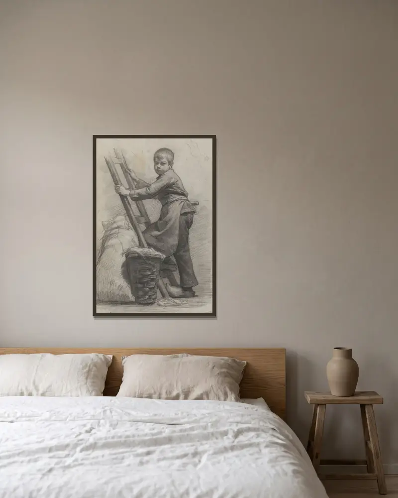 Jongen staande bij een ladder en een mand av Jan Veth inramad på en vägg