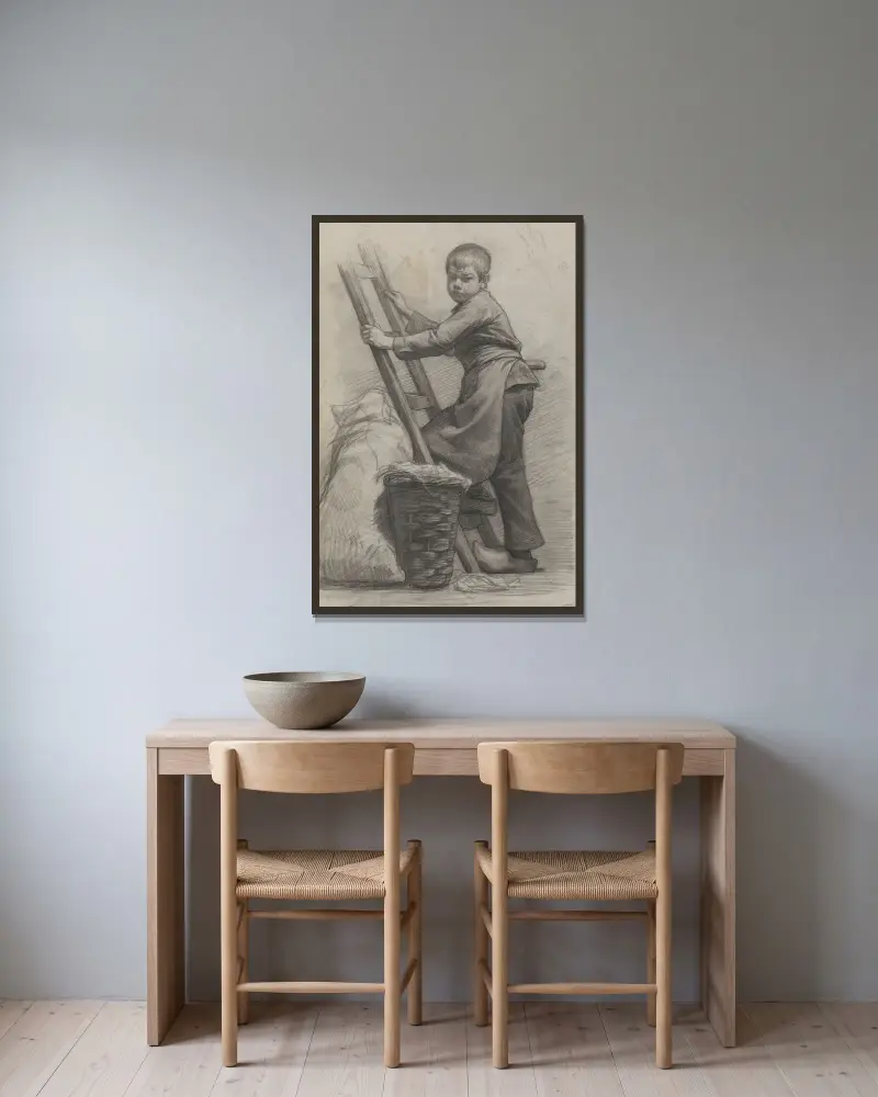 Jongen staande bij een ladder en een mand av Jan Veth inramad på en vägg