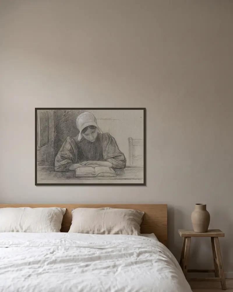 Lezend meisje met kap av Jan Veth inramad på en vägg