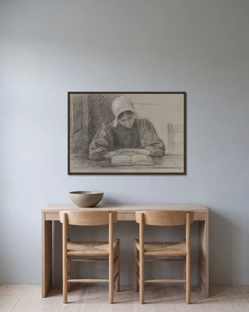 Lezend meisje met kap av Jan Veth inramad på en vägg