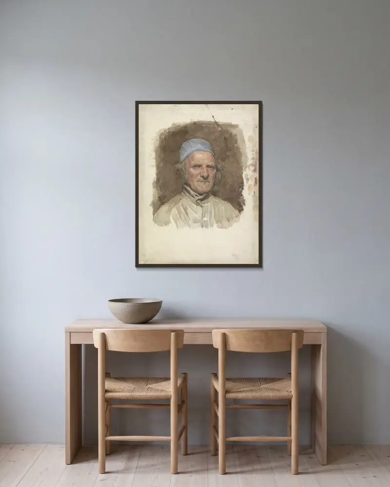 Mansportret, met blauwe muts av Jan Veth inramad på en vägg