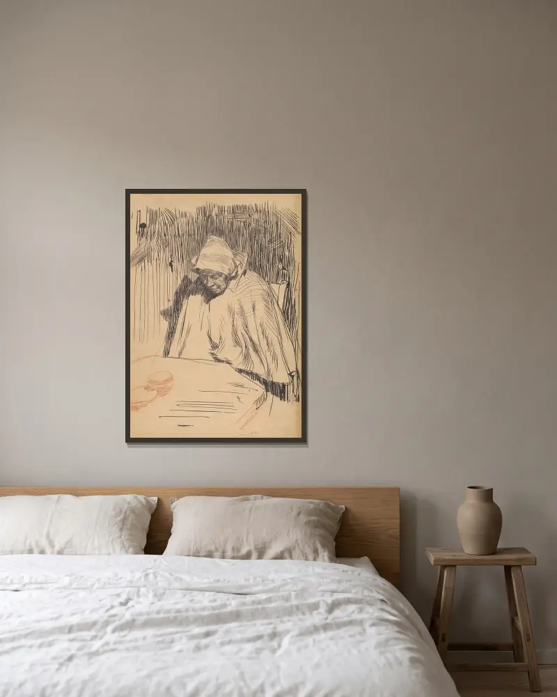 Oude vrouw aan tafel (Malle Teun) av Jan Veth inramad på en vägg