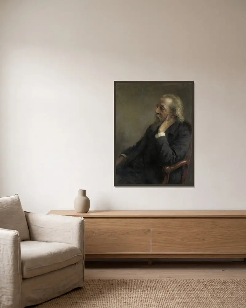Portret van Ds Petrus Hermannus Hugenholtz (1834-1911), oprichter van de Vrije Gemeente av Jan Veth inramad på en vägg