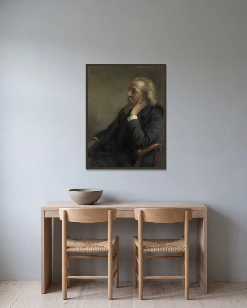 Portret van Ds Petrus Hermannus Hugenholtz (1834-1911), oprichter van de Vrije Gemeente av Jan Veth inramad på en vägg
