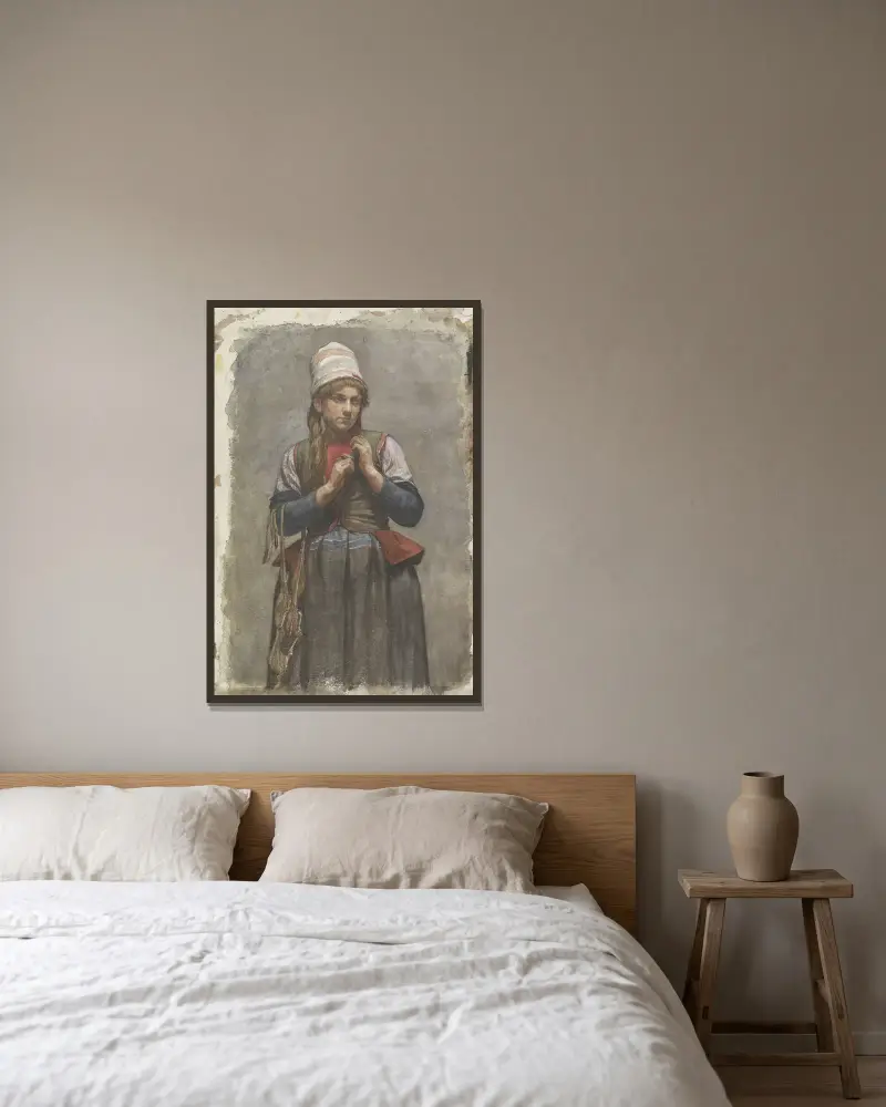 Stående flicka i folkdräkt med skridskor av Jan Veth inramad på en vägg