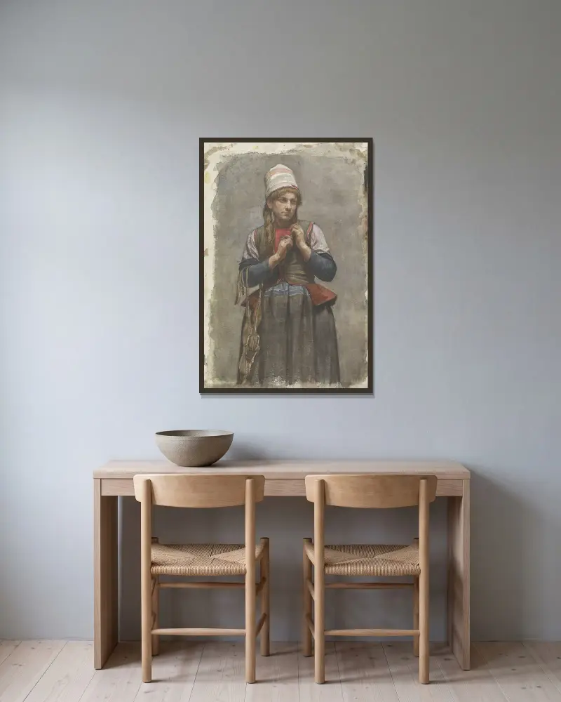 Stående flicka i folkdräkt med skridskor av Jan Veth inramad på en vägg