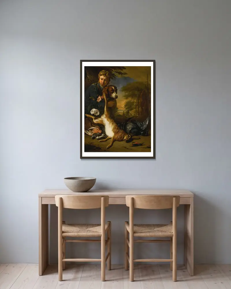 En pojke och en hund med ett stilleben av vilt i ett parklandskap av Jan Weenix inramad på en vägg
