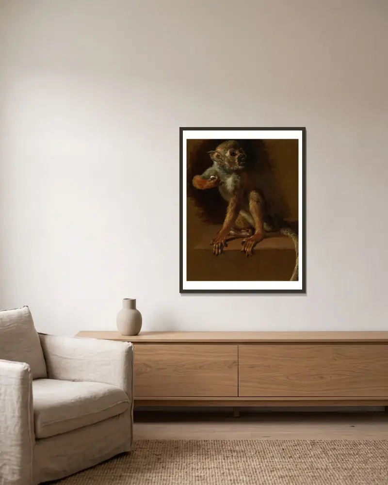A Seated Monkey av Jan Weenix inramad på en vägg