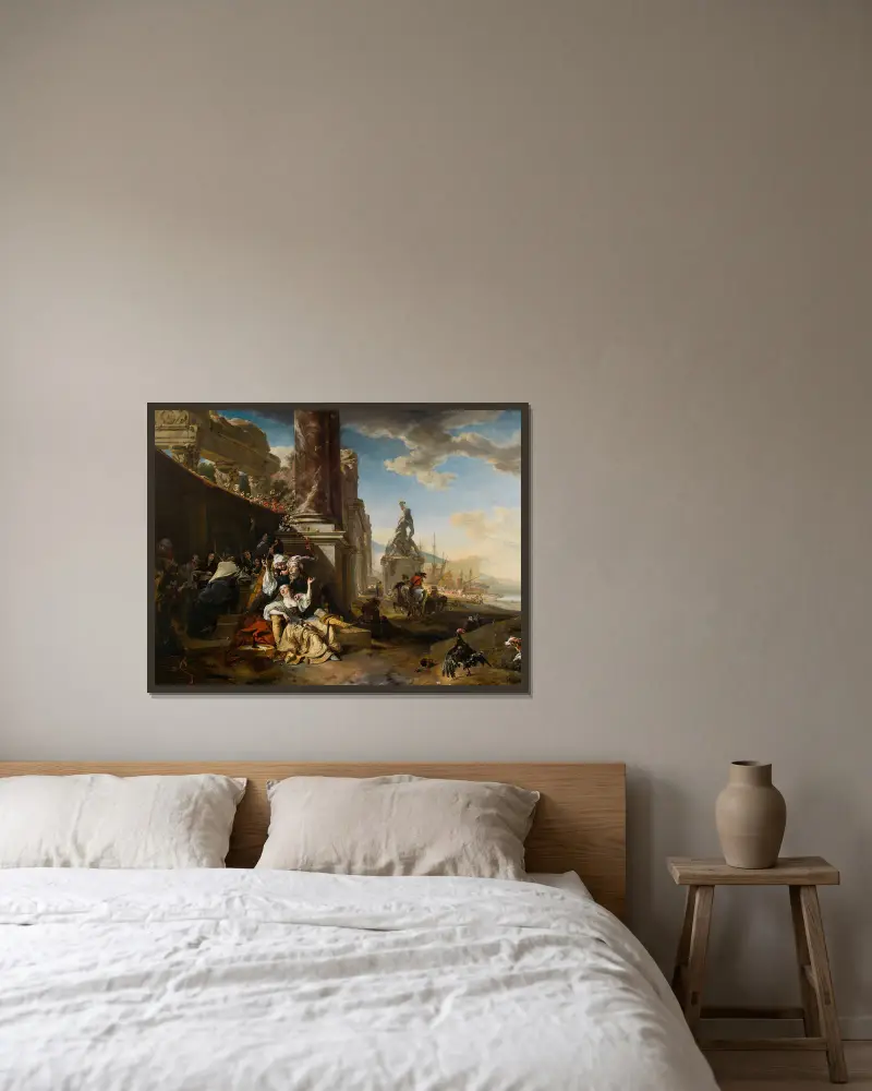 La Partie de plaisir av Jan Weenix inramad på en vägg