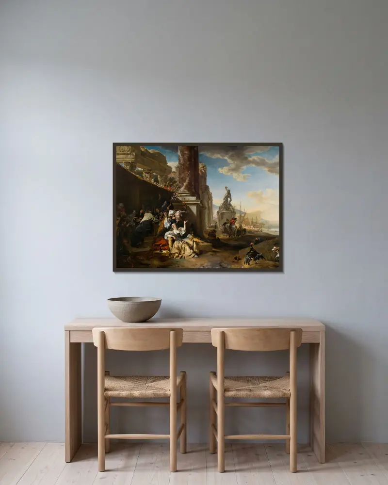 La Partie de plaisir av Jan Weenix inramad på en vägg