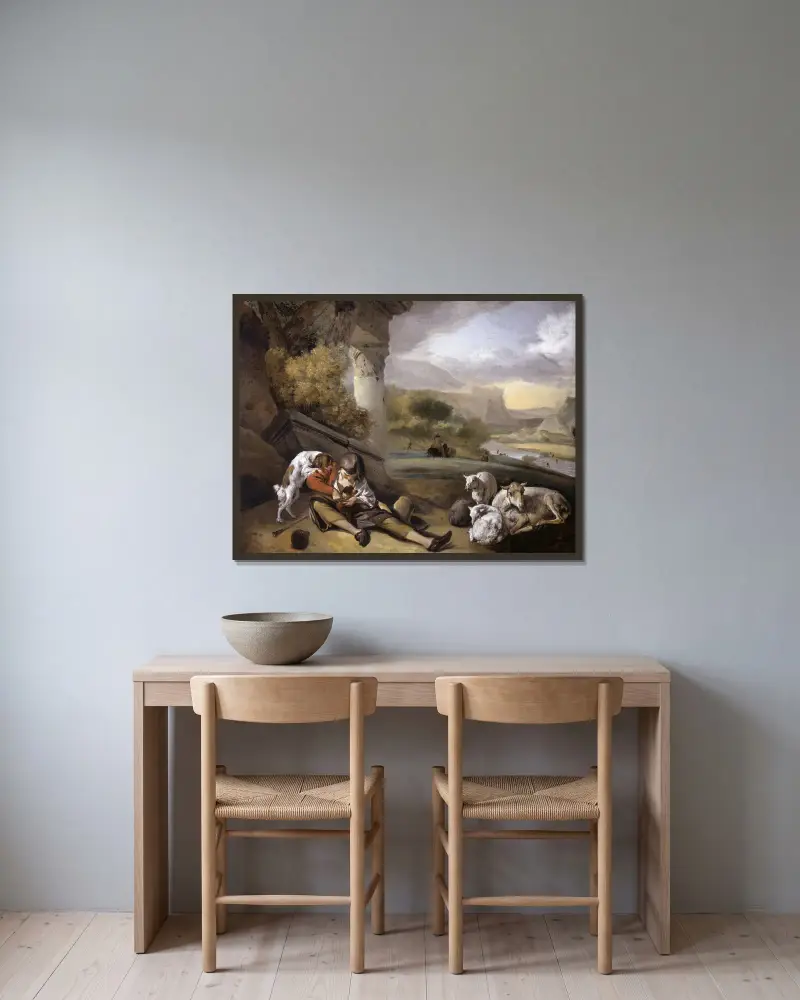 Landschaft mit Hirtenjungen von Jan Weenix gerahmt an einer Wand