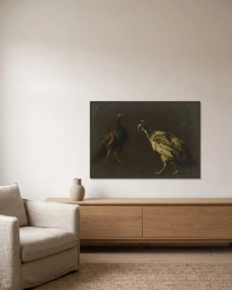 Pfau und Pfauhenne von Jan Weenix gerahmt an einer Wand