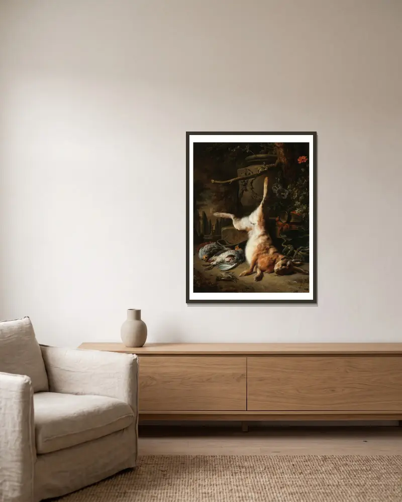 Still Life with a Hare and other Game av Jan Weenix inramad på en vägg