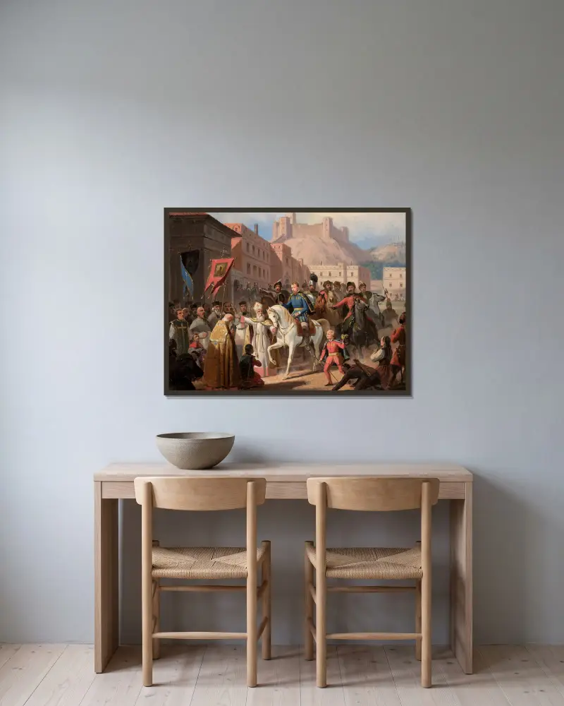 Hosius, biskop av Vilnius, och Sigismund Augustus av January Suchodolski inramad på en vägg