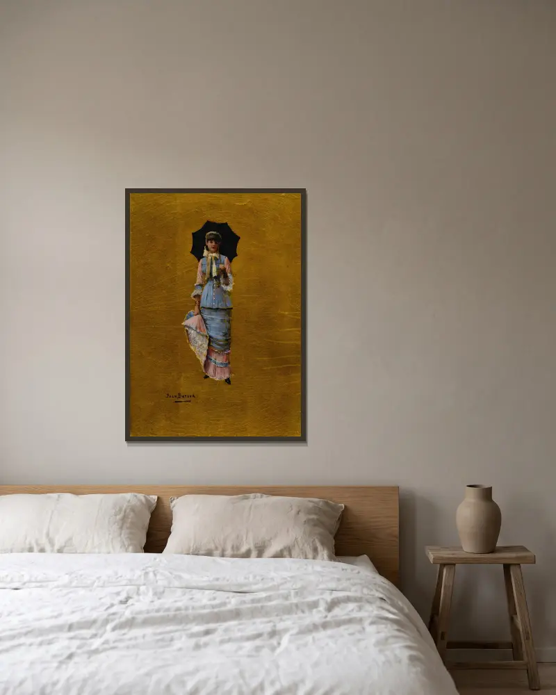 Junge Frau mit Sonnenschirm von Jean Béraud gerahmt an einer Wand