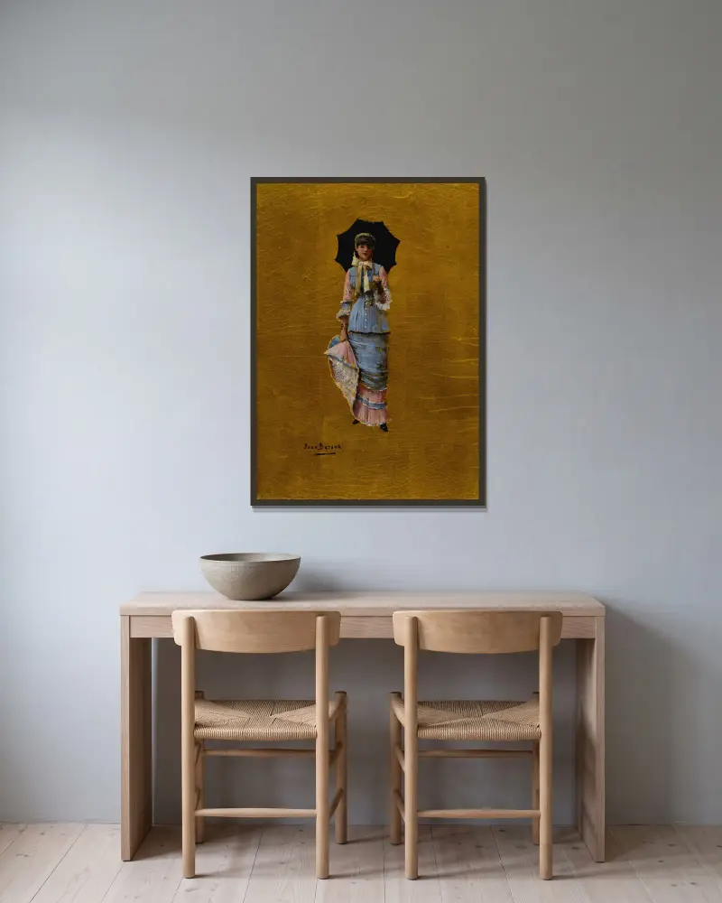 Junge Frau mit Sonnenschirm von Jean Béraud gerahmt an einer Wand