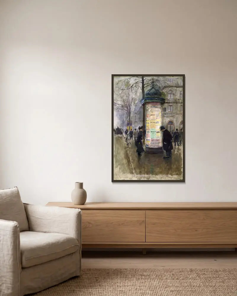 Die Morris-Säule von Jean Béraud gerahmt an einer Wand
