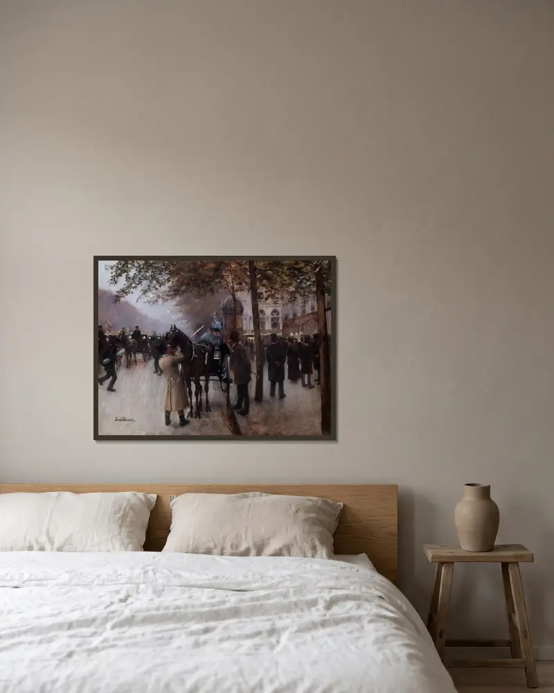 Boulevard des Capucines på kvällen, framför Café Napolitain av Jean Béraud inramad på en vägg