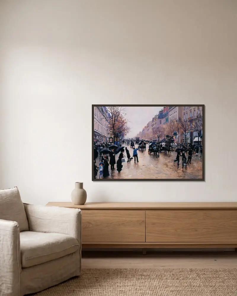 Boulevard Poissonnière i regn av Jean Béraud inramad på en vägg