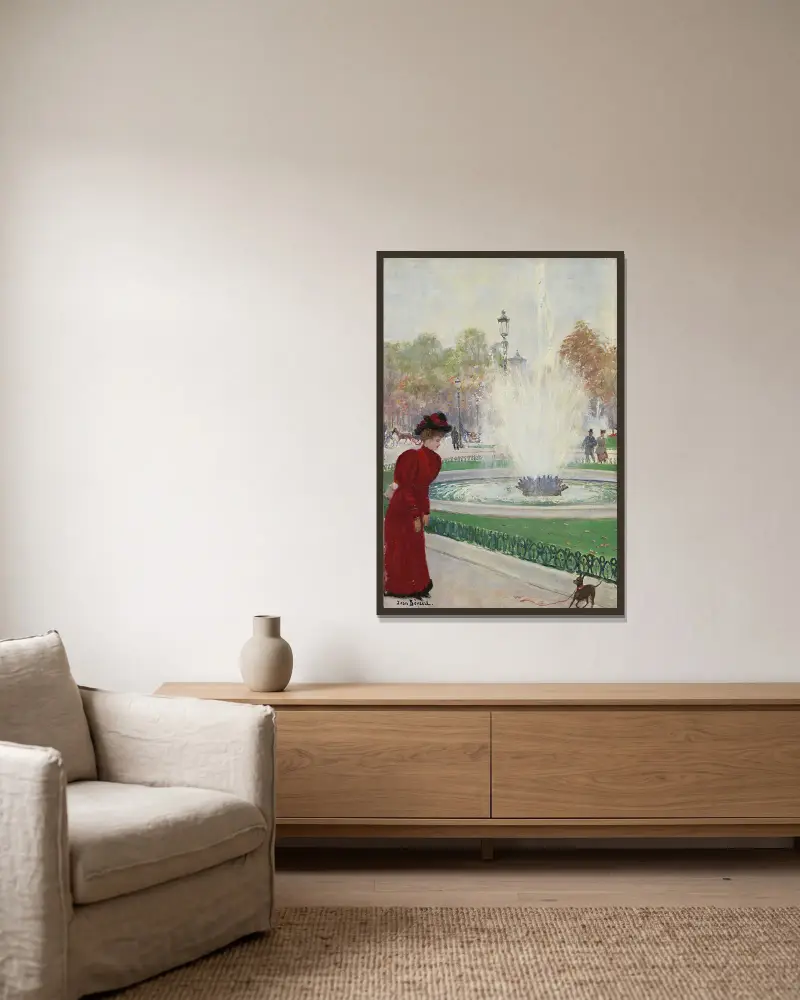 Pariserin am Rond-Point des Champs-Élysées von Jean Béraud gerahmt an einer Wand