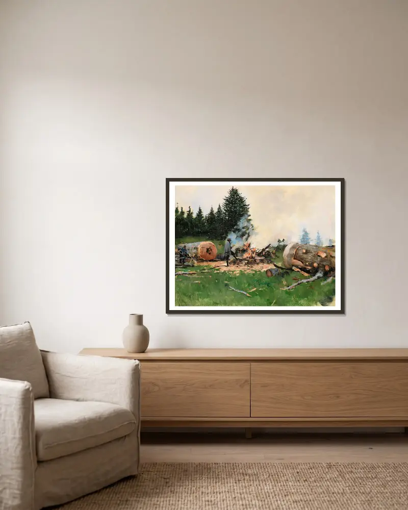 Vedhuggare i en bergsby av Jean Béraud inramad på en vägg